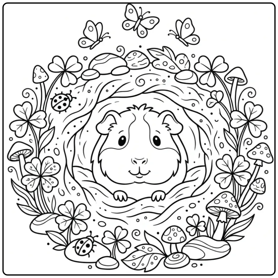 Guinea Pig coloring page in a burrow with clover