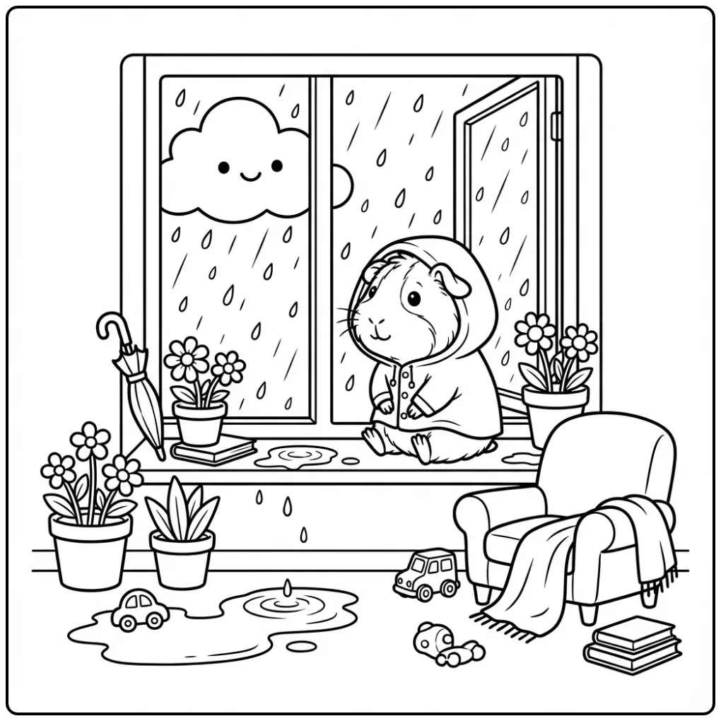 Guinea Pig coloring page in a raincoat by the window