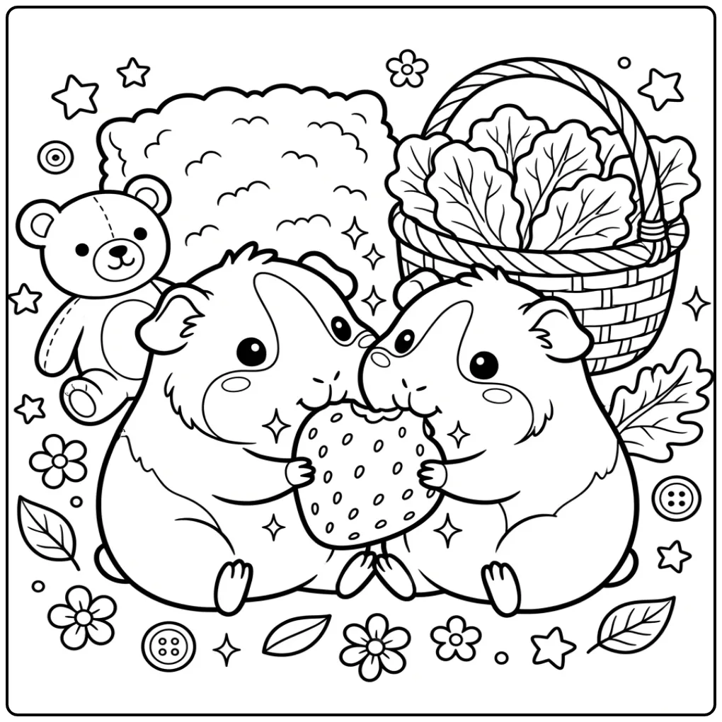 Cute Guinea Pig coloring page sharing a large strawberry