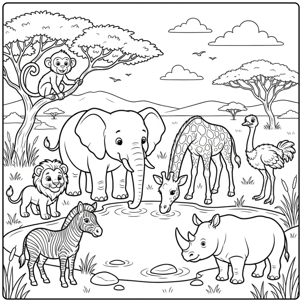 Animal coloring page featuring an elephant and giraffe on the savanna