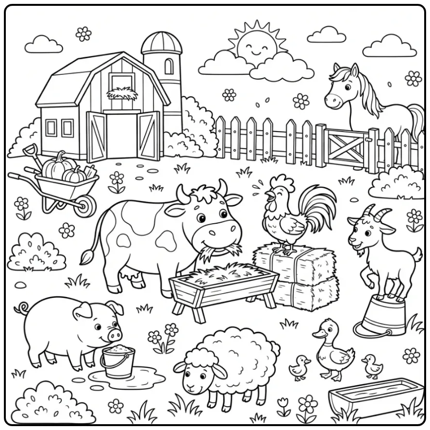 Animal coloring page showing cheerful farm animals in the morning