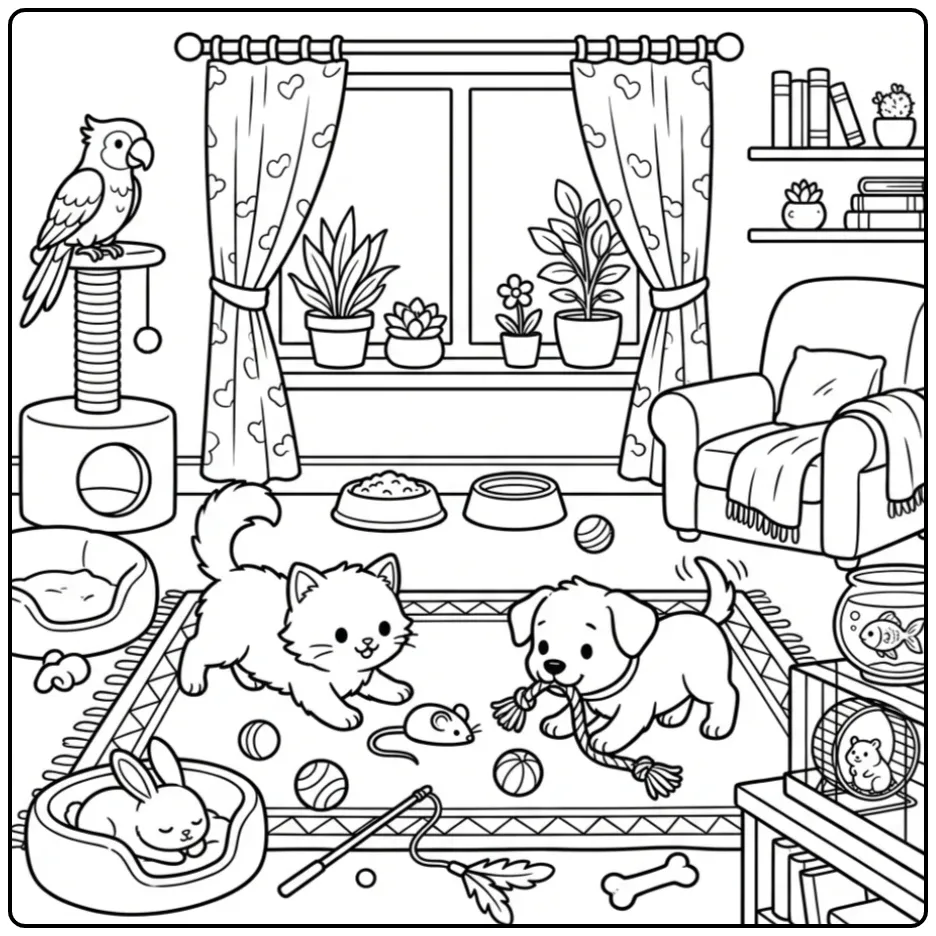 Animal coloring page featuring a puppy and kitten with pet friends indoors