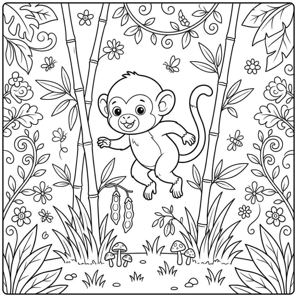 Squirrel monkey coloring page jumping through bamboo