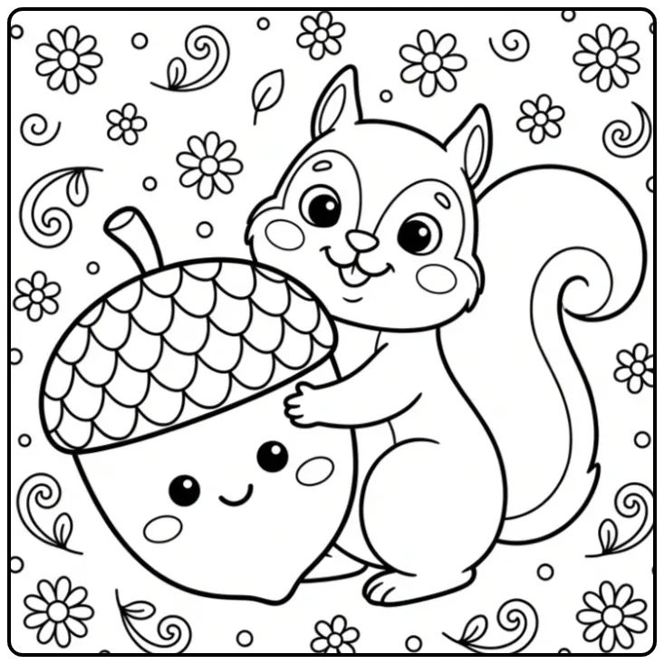 Squirrel coloring page hugging a huge acorn