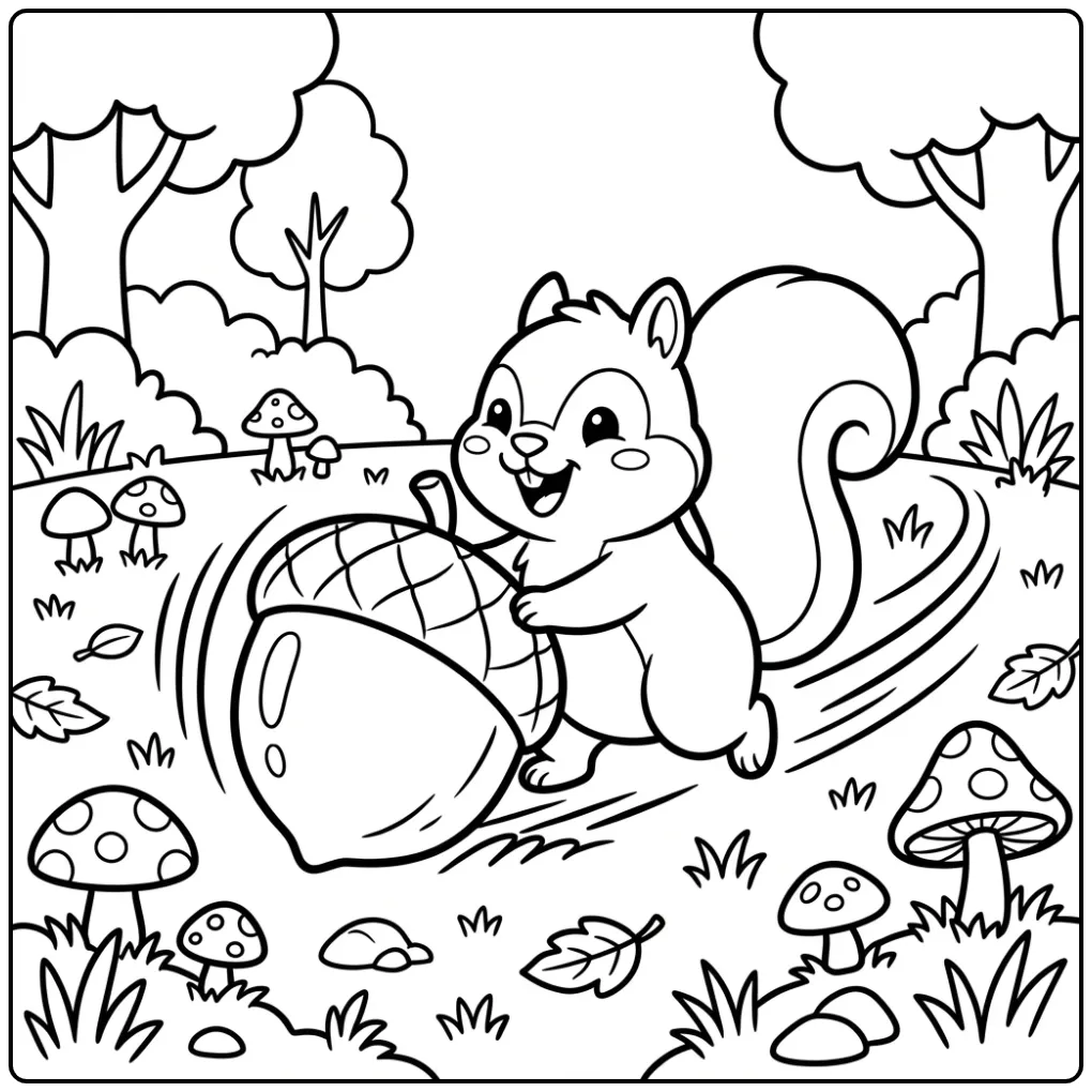 Squirrel coloring page rolling a giant acorn