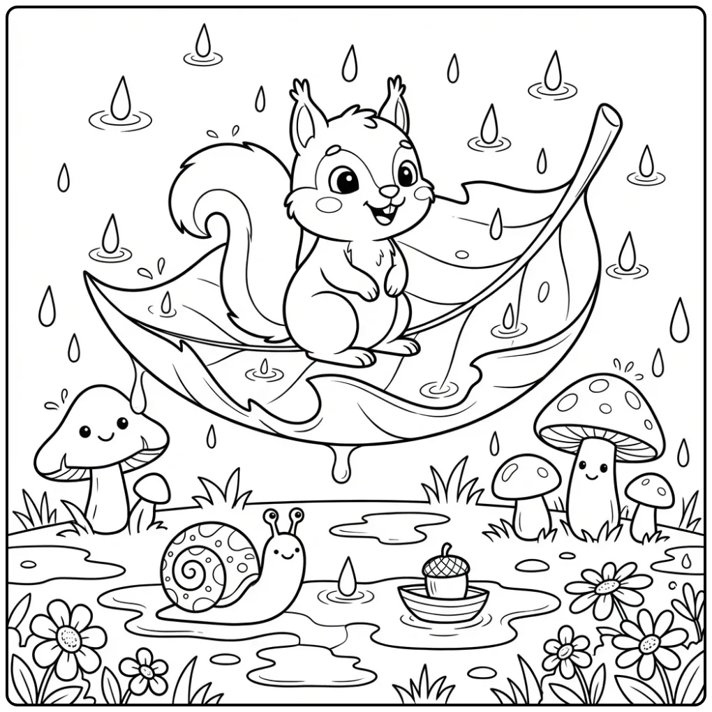 Rainy squirrel coloring page under a large leaf