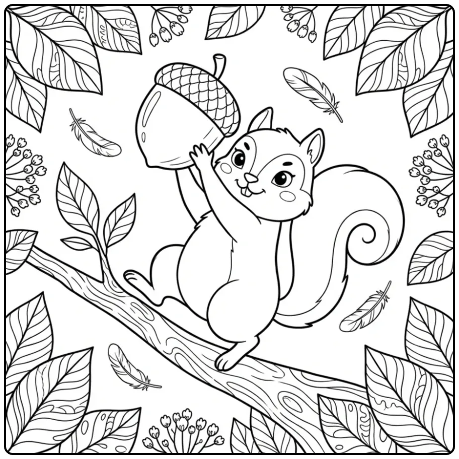 Squirrel coloring page balancing on a branch with an acorn