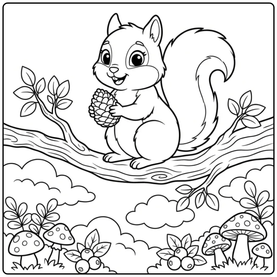 Little squirrel coloring page on a branch with a pinecone