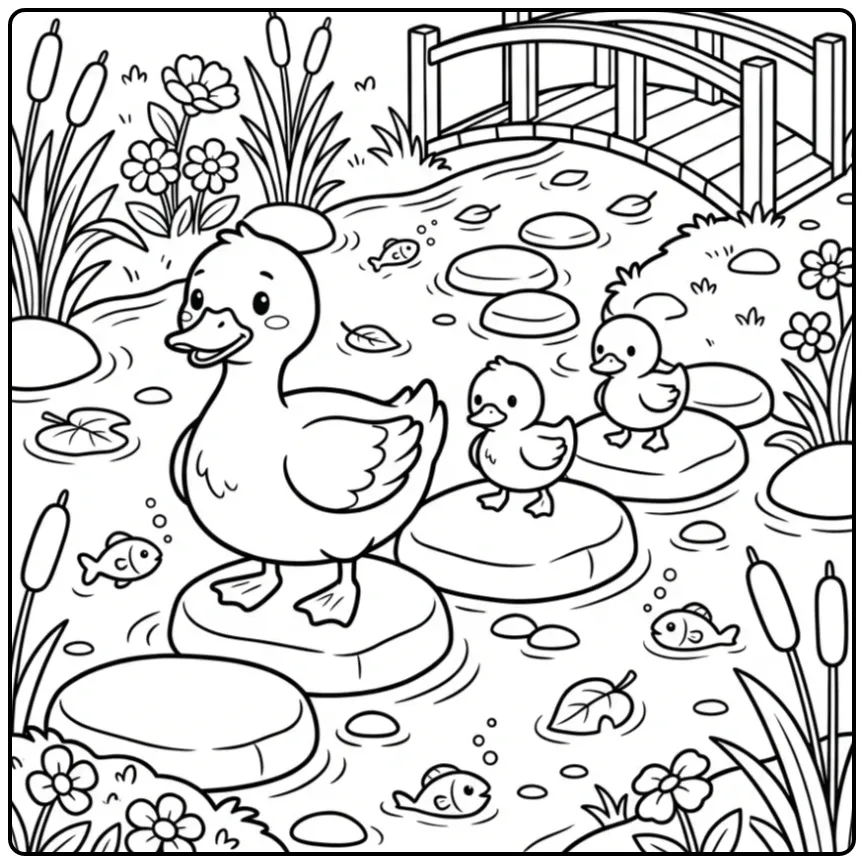 Duck coloring page with ducklings on stepping stones