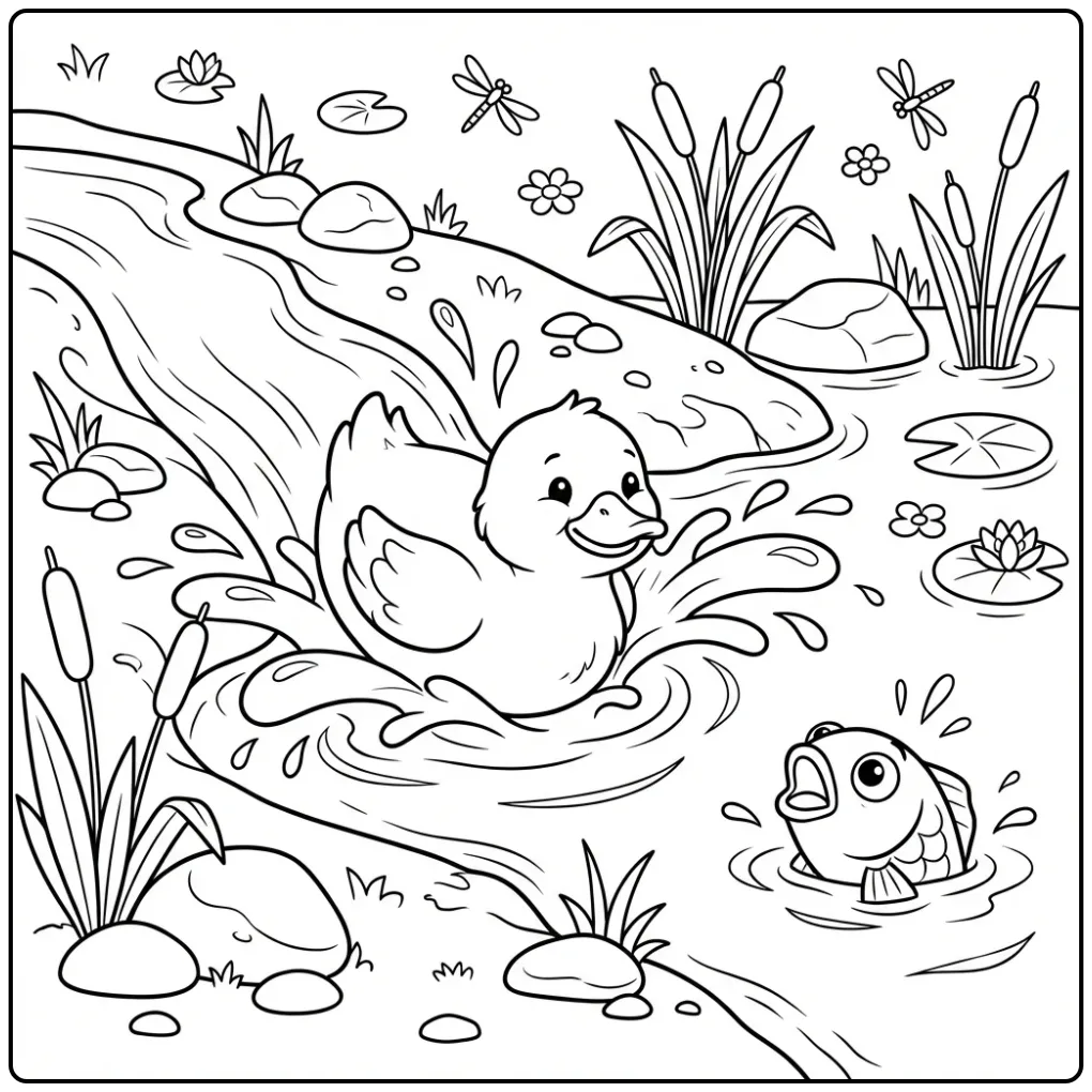 Duck coloring page sliding happily from the bank