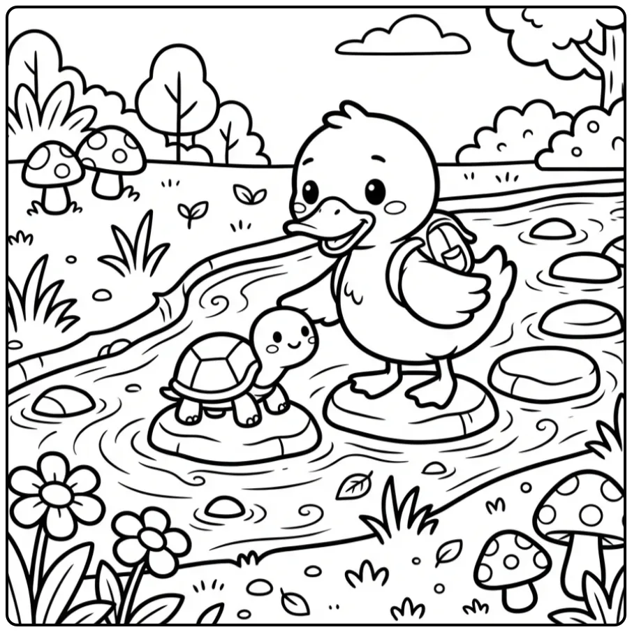 Duck coloring page helping a turtle cross stepping stones