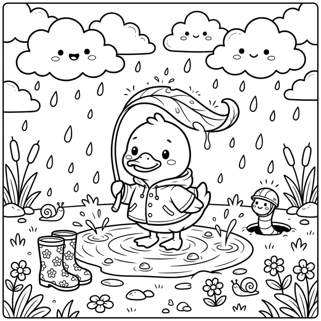 Duck coloring page with a leaf umbrella in the rain