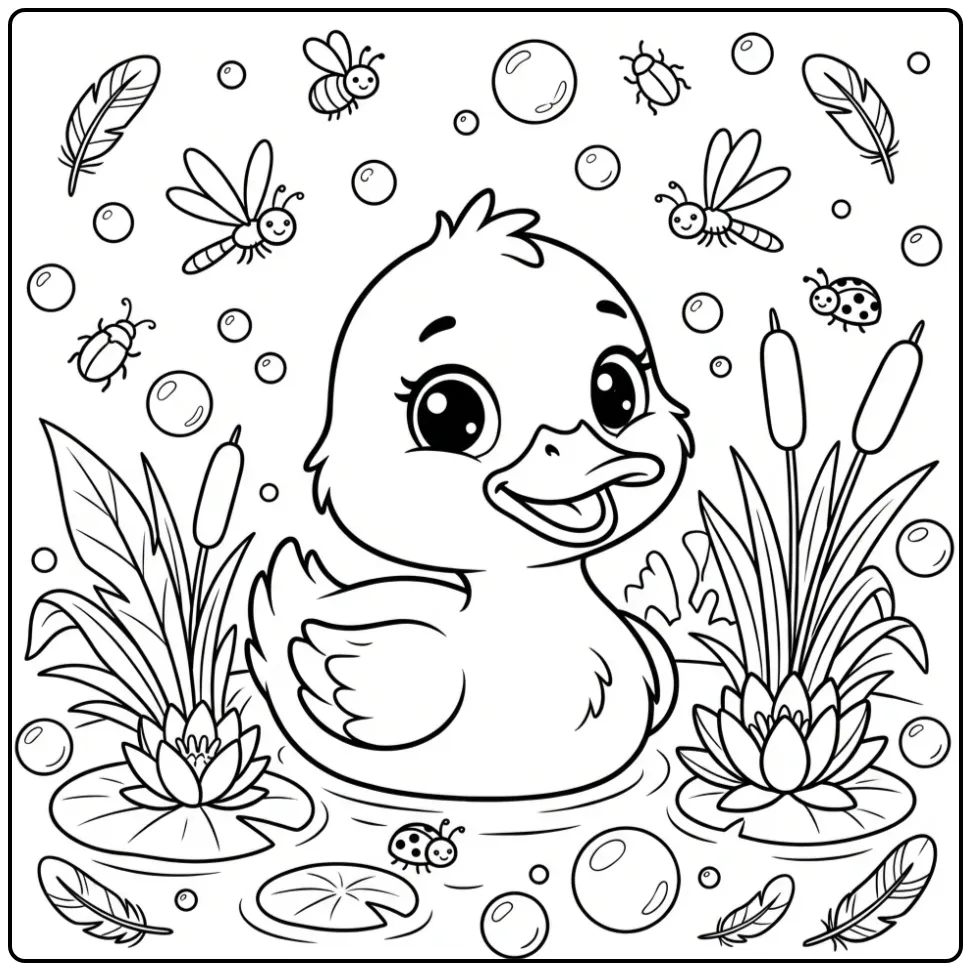 Cute duck coloring page among feathers and bubbles