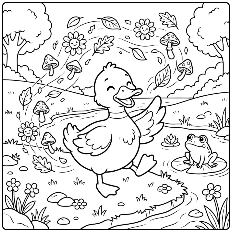 Duck coloring page dancing on the bank with leaves