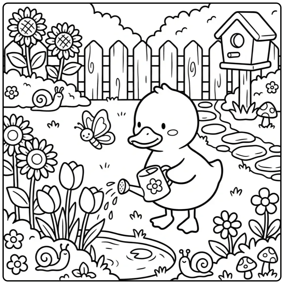Duck coloring page watering flowers in the garden
