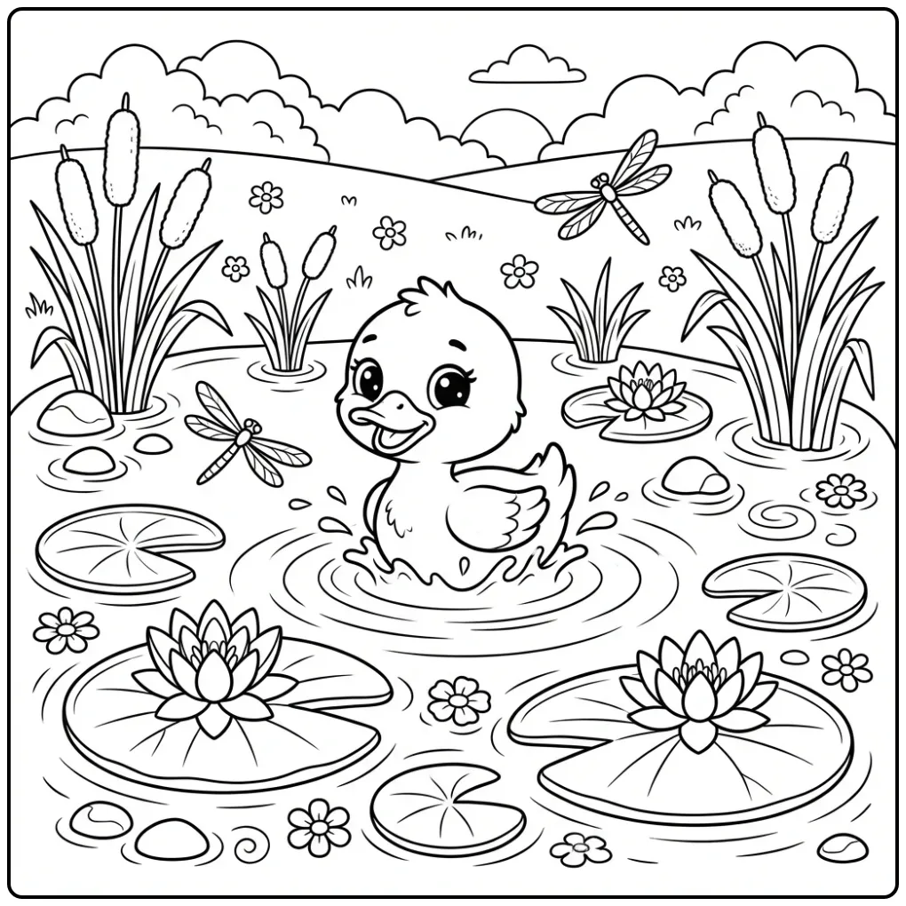 Cartoon duck coloring page among water lilies
