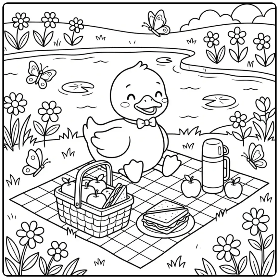 Duck coloring page with a picnic basket and flowers