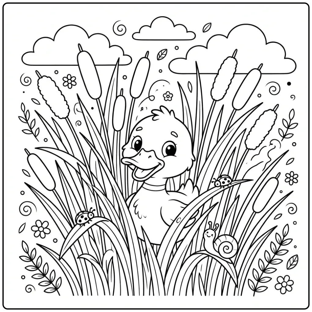 Duck coloring page playing peekaboo between reeds