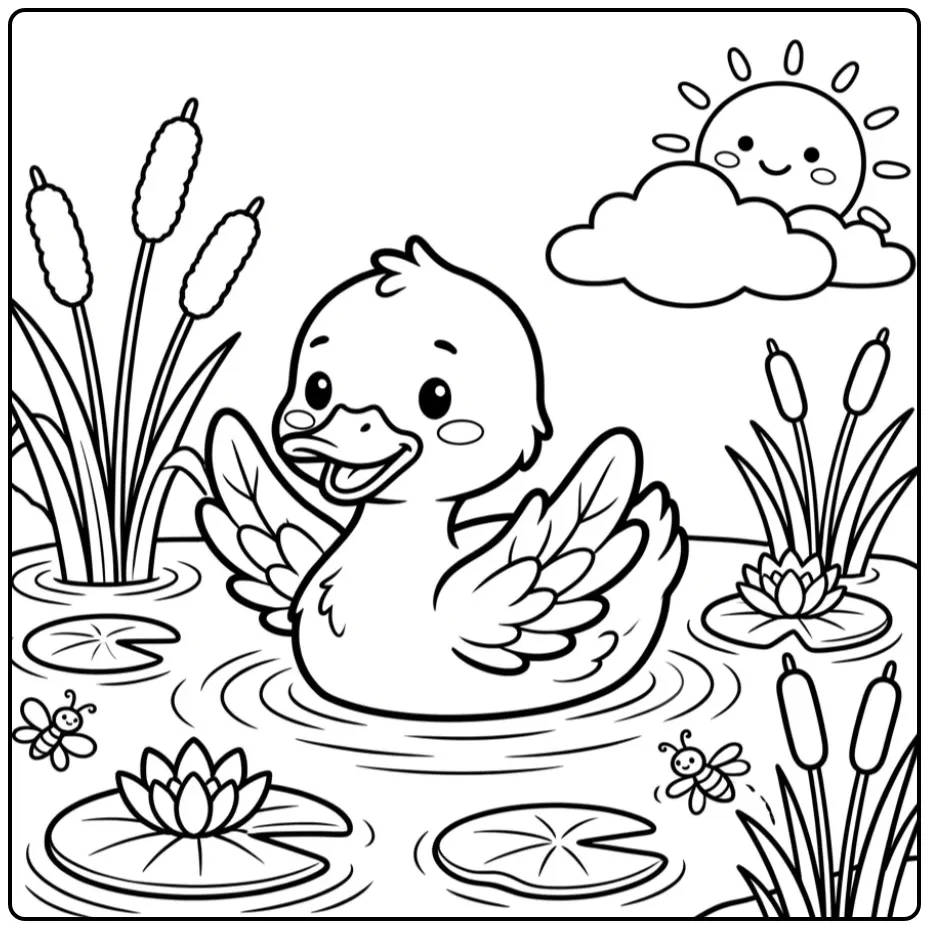 Baby duck coloring page swimming with leaf wings