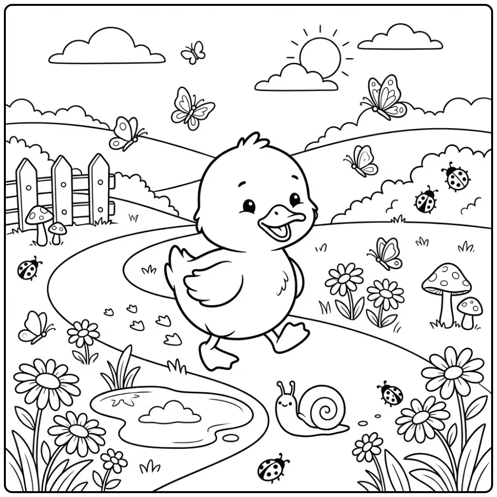 Baby duck coloring page waddling past flowers and a snail