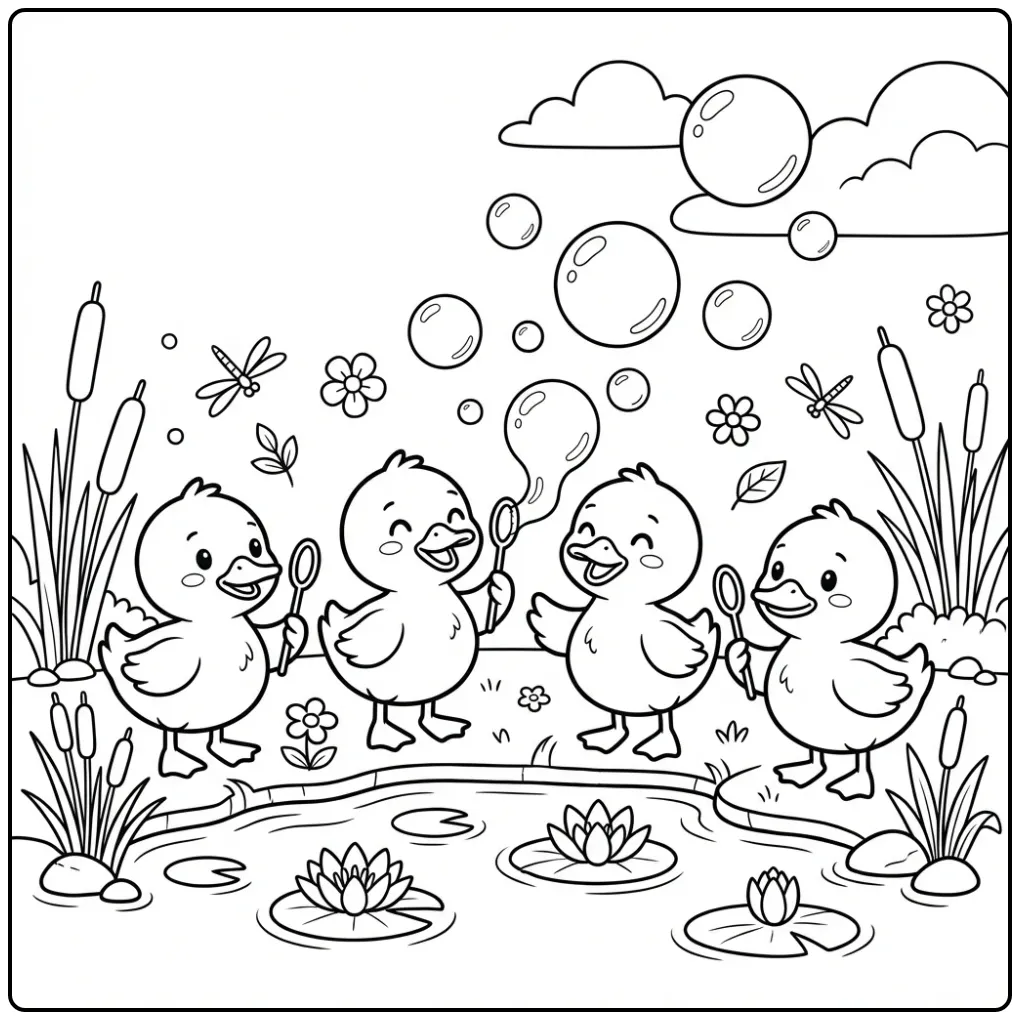 Ducklings coloring page blowing bubbles with water lilies