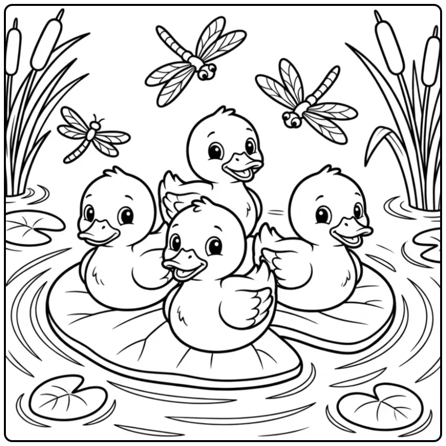Ducklings coloring page floating on a large lily pad