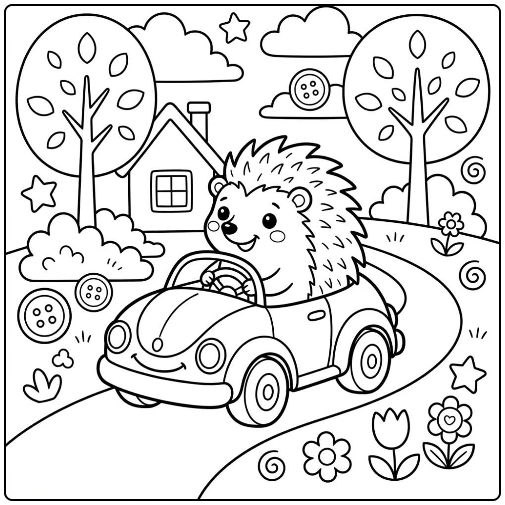 Toddler hedgehog coloring page in a toy car