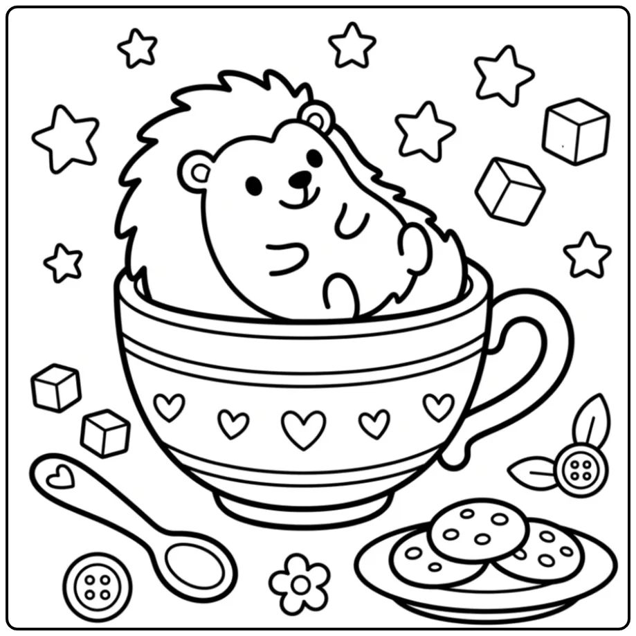 Toddler hedgehog coloring page in a teacup