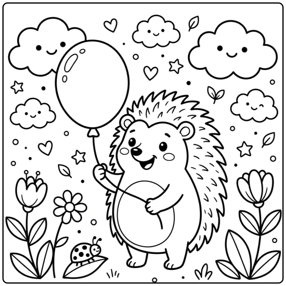 Toddler hedgehog coloring page with a balloon and clouds
