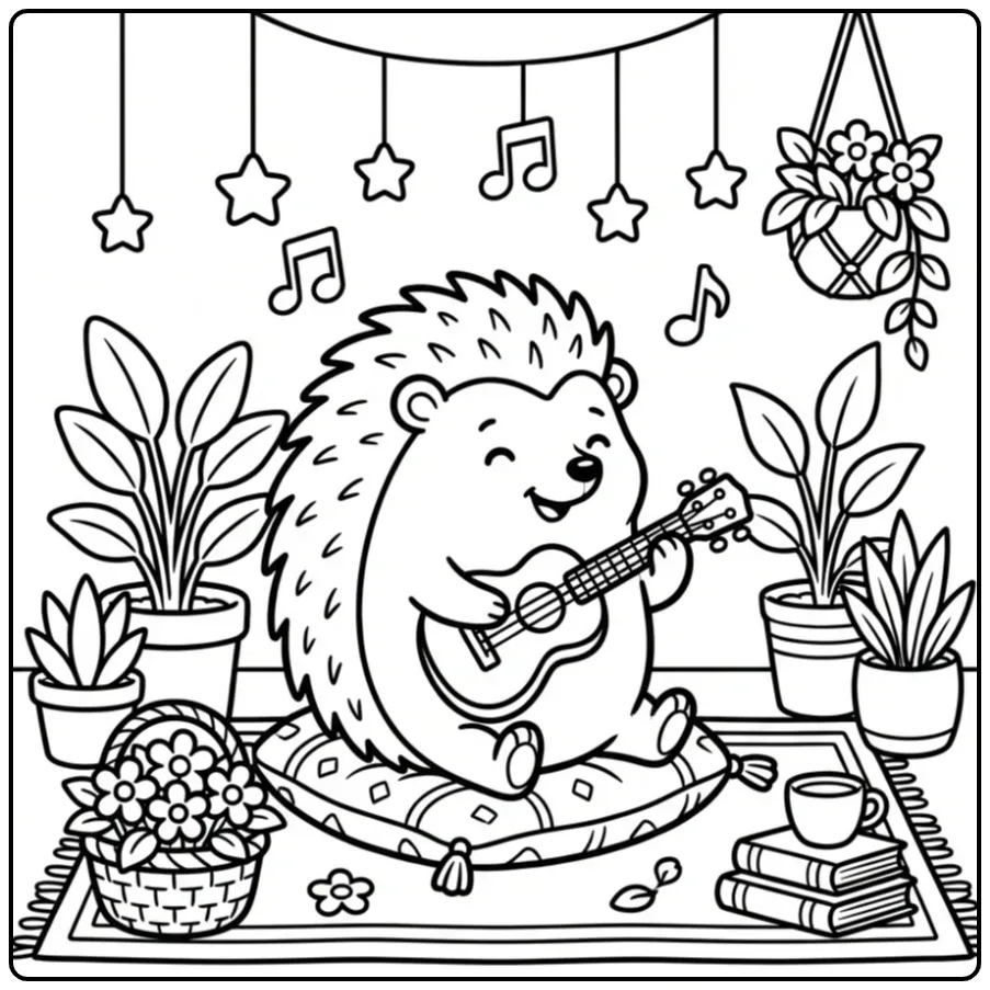 Cute hedgehog coloring page playing a small ukulele