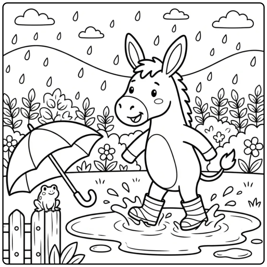 Cute donkey coloring page with boots in the rain