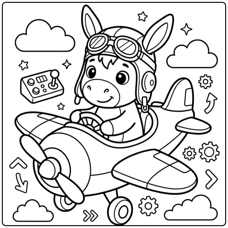 Donkey coloring page as a pilot in a toy airplane