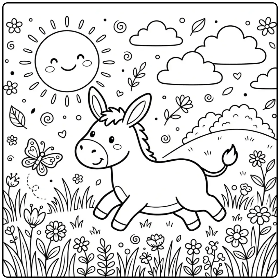 Donkey coloring page playing with a butterfly in the grass