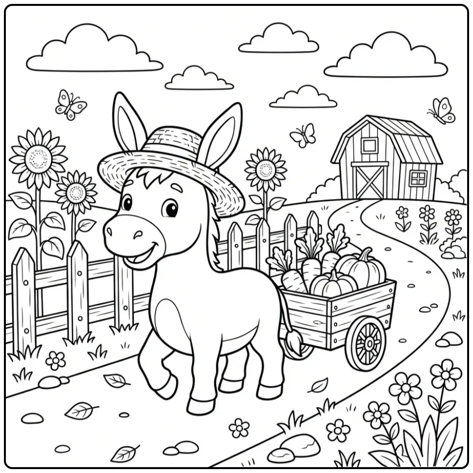 Donkey coloring page with a hat pulling a vegetable cart
