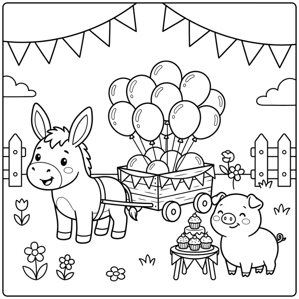 Donkey coloring page with a cart full of balloons
