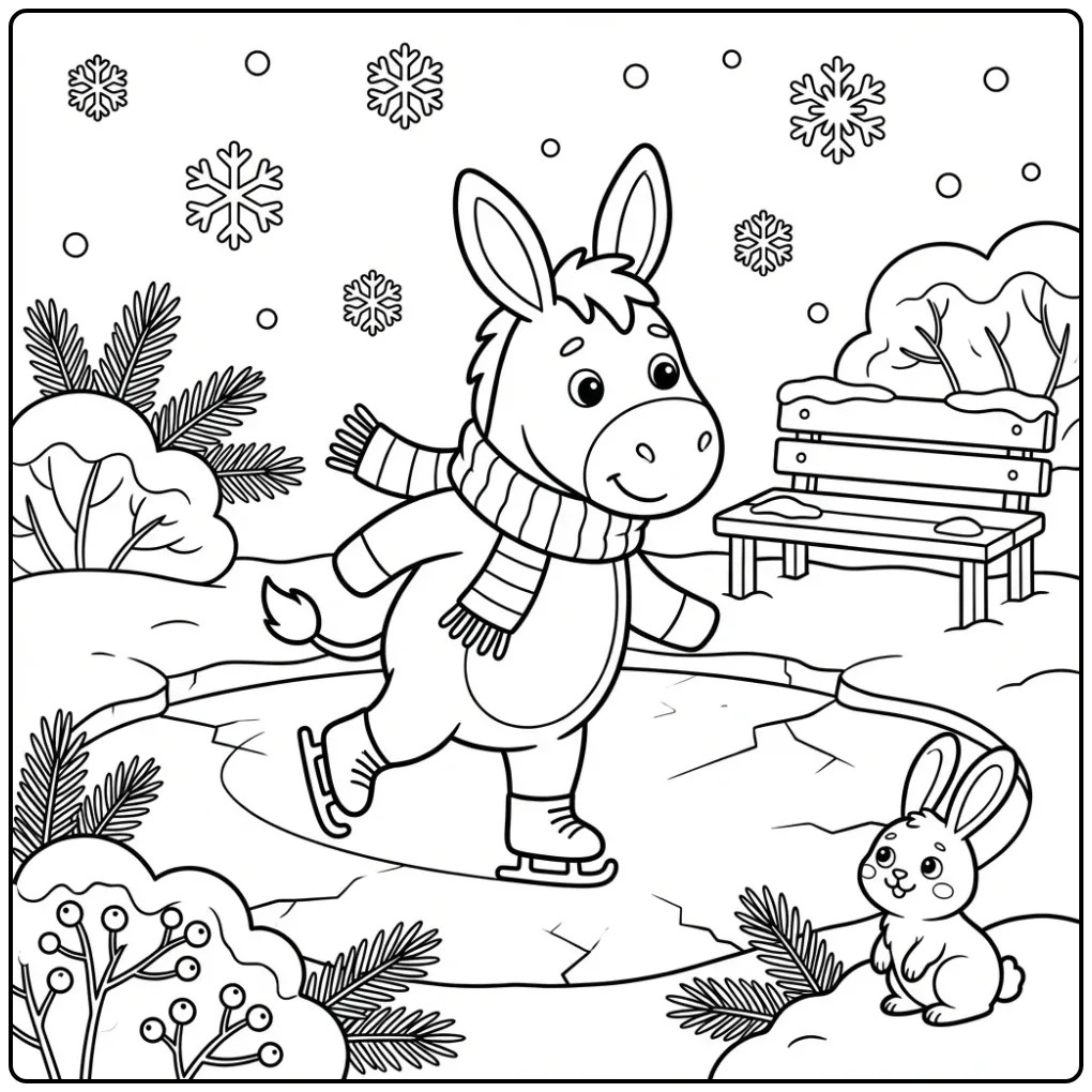 Donkey coloring page skating with a warm scarf