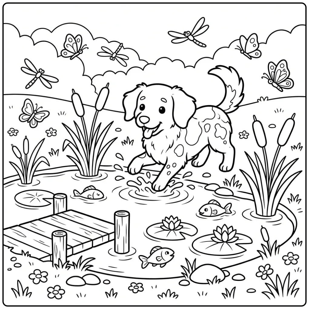 Cheerful Frisian Stabyhoun by a Small Lake with Fish coloring page