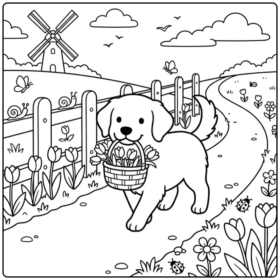 Cheerful Frisian Stabyhoun in a Dutch Landscape coloring page