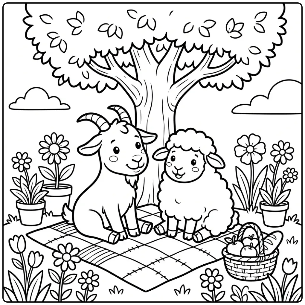 Cute goat and sheep coloring page having a picnic under a tree