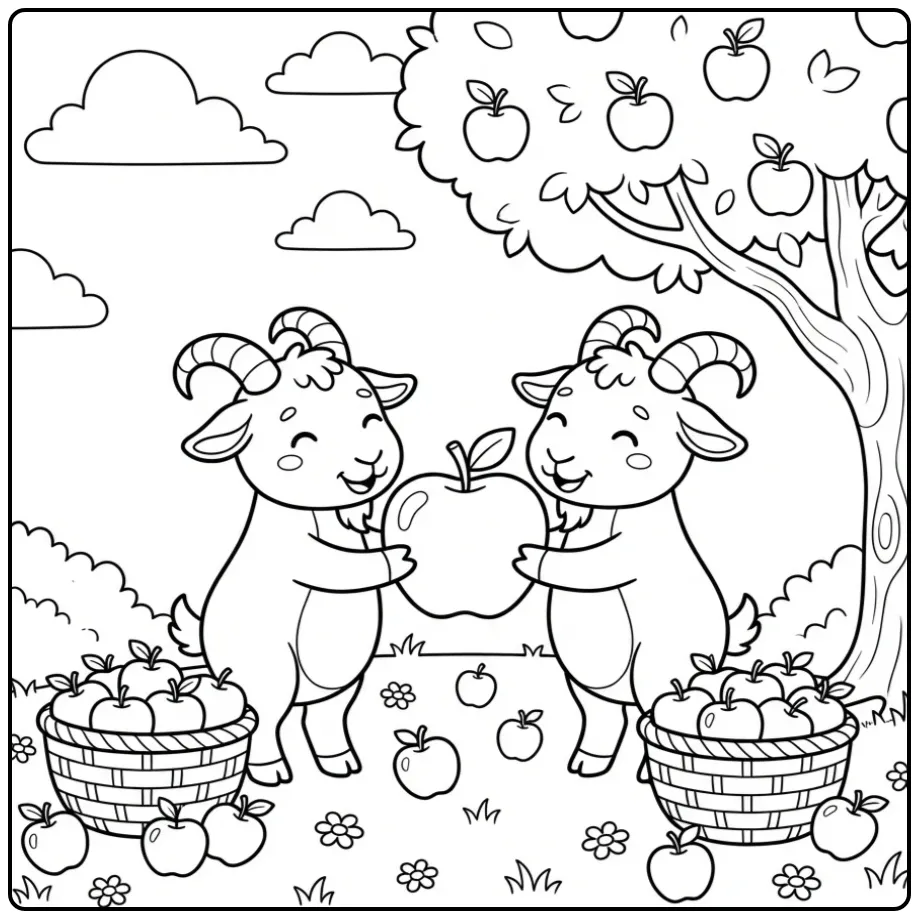 Cute goat coloring page with two goats and an apple