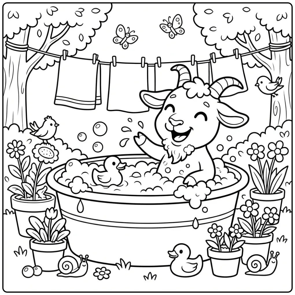 Cute goat coloring page in a bubble bath outside