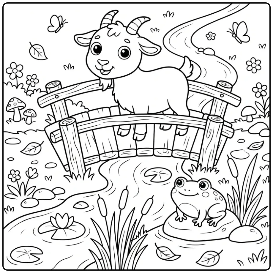 Sweet goat coloring page on a wooden bridge above a creek