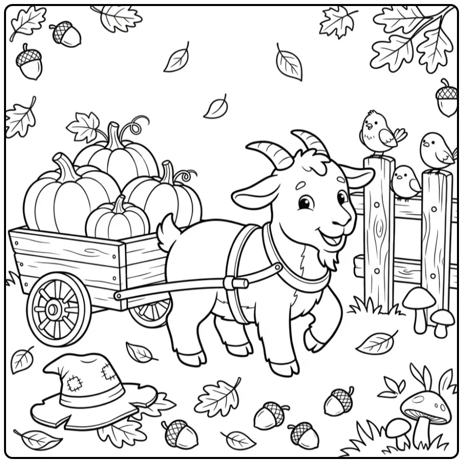 Cute goat coloring page with a cart full of pumpkins