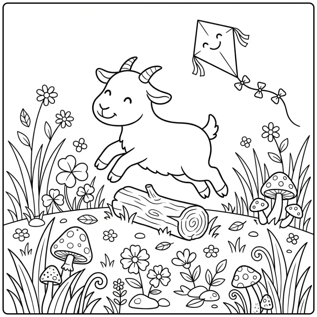 Cute goat coloring page jumping over a log in a meadow