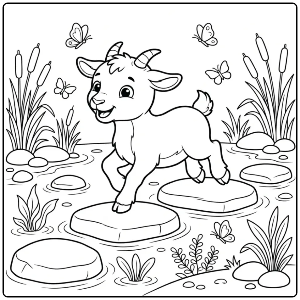 Cute goat coloring page jumping over stones