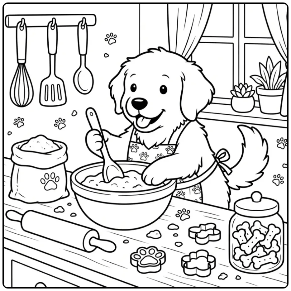 Cheerful Golden Retriever in the Kitchen coloring page