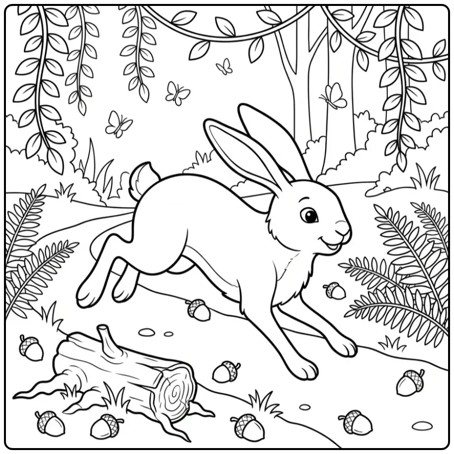 Hare coloring page sprinting on a forest path
