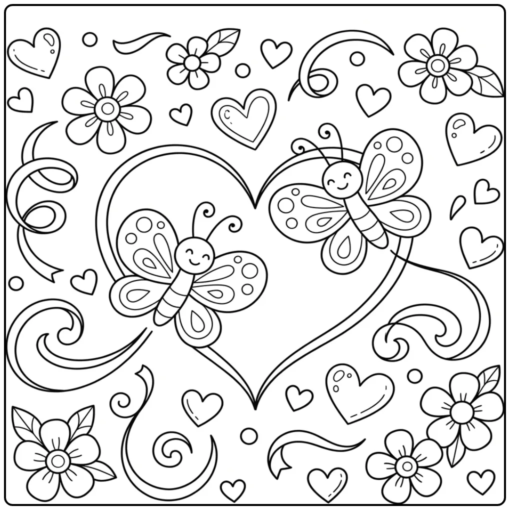 Hearts and butterflies coloring page with two insects