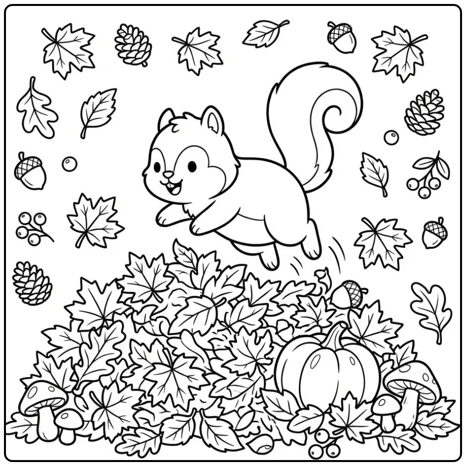 Autumn squirrel coloring page jumping through leaves