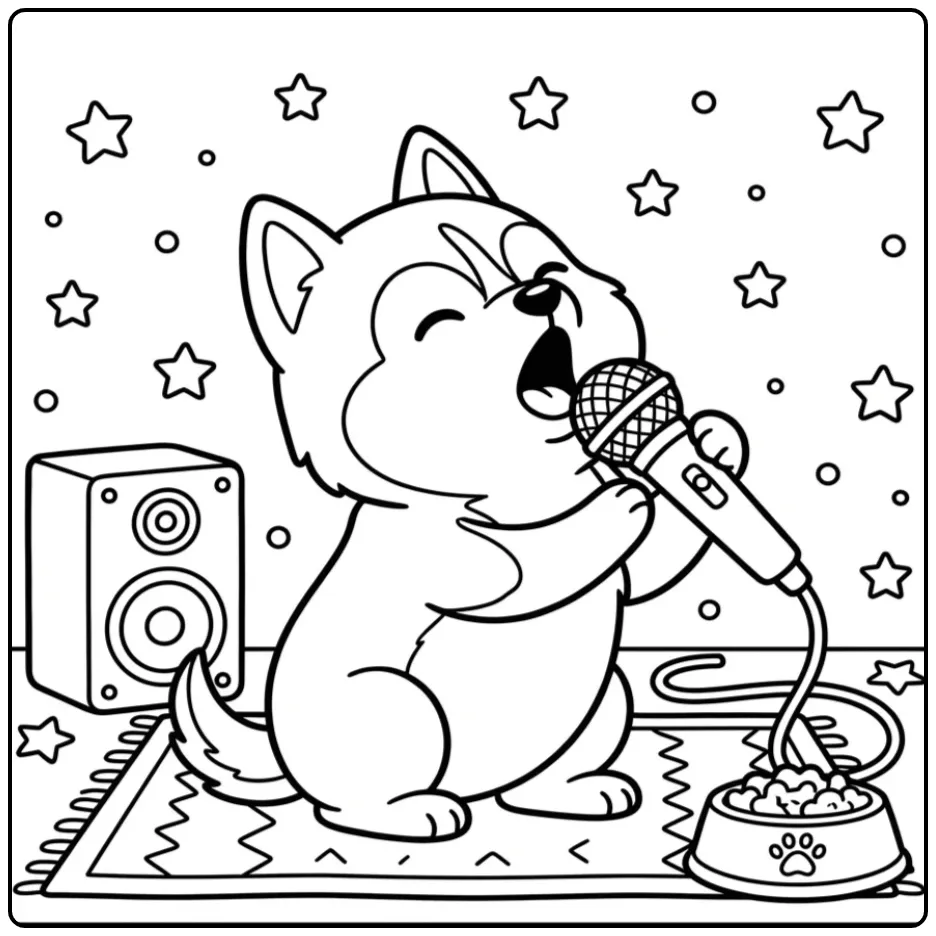 Cheerful Husky Singing into a Microphone coloring page